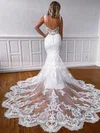 Tulle V-neck Trumpet/Mermaid Court Train Appliques Lace Wedding Dresses #UKM00023760