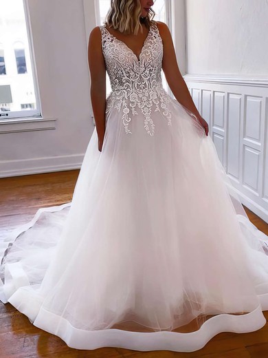Ball Gown V-neck Tulle Sweep Train Wedding Dresses With Appliques Lace #UKM00023761