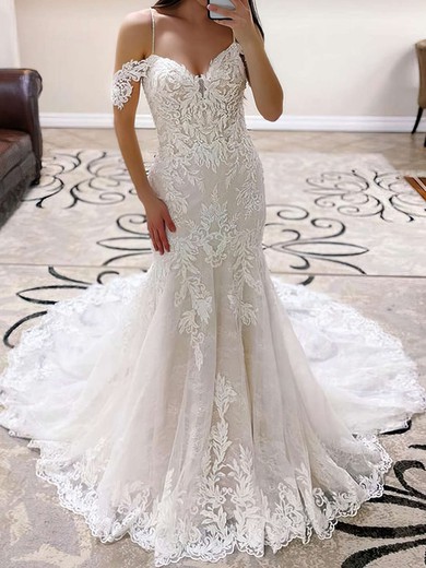 Trumpet/Mermaid Off-the-shoulder Tulle Sweep Train Wedding Dresses With Appliques Lace #UKM00023763