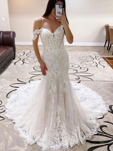 Trumpet/Mermaid Off-the-shoulder Tulle Sweep Train Wedding Dresses With Appliques Lace #UKM00023763