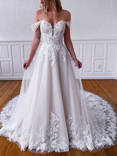 Ball Gown Off-the-shoulder Tulle Court Train Wedding Dresses With Appliques Lace #UKM00023764