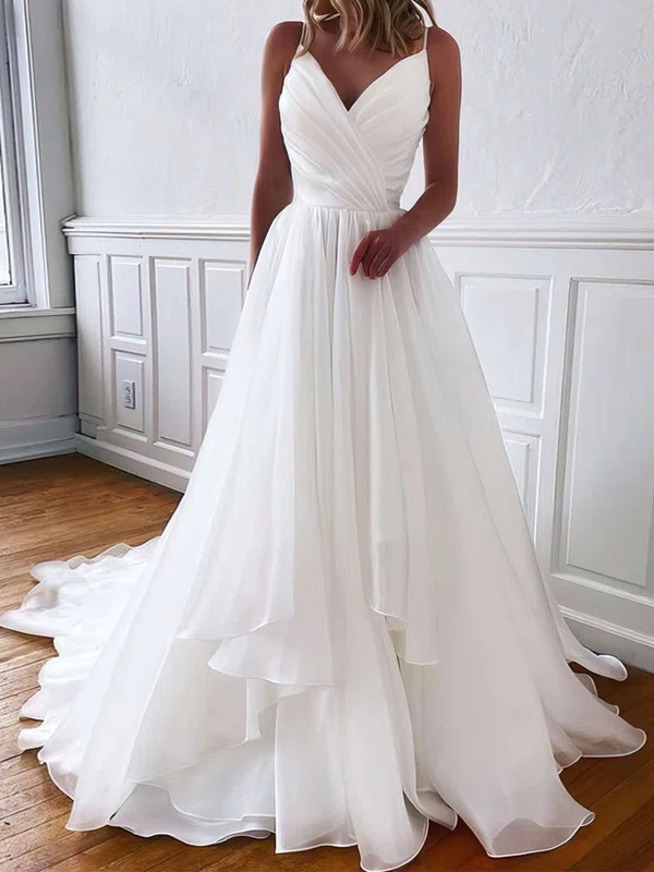 Ball Gown V-neck Organza Sweep Train Wedding Dresses With Ruffles #UKM00023765