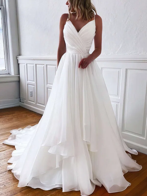 Ball Gown V-neck Organza Sweep Train Wedding Dresses With Ruffles #UKM00023765