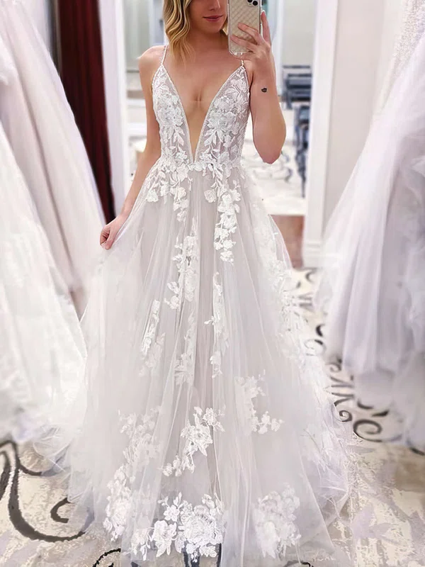 Tulle V-neck Princess Sweep Train Appliques Lace Wedding Dresses #UKM00023766
