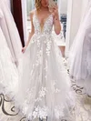 Ball Gown V-neck Tulle Sweep Train Wedding Dresses With Appliques Lace #UKM00023766
