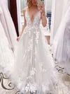 Tulle V-neck Princess Sweep Train Appliques Lace Wedding Dresses #UKM00023766
