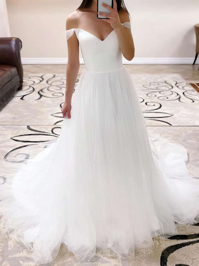 Ball Gown/Princess Off-the-shoulder Tulle Sweep Train Wedding Dresses With Ruffles #UKM00023767