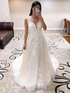 Ball Gown V-neck Tulle Sweep Train Wedding Dresses With Appliques Lace #UKM00023768