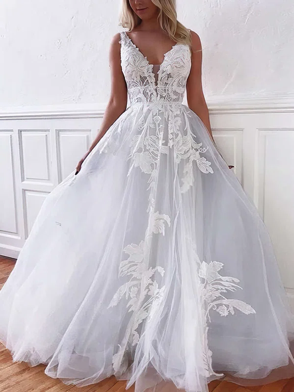 Ball Gown V-neck Tulle Floor-length Wedding Dresses With Appliques Lace #UKM00023770