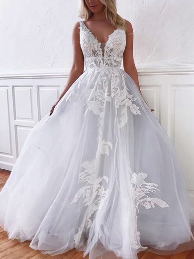 Tulle V-neck A-line Floor-length Appliques Lace Wedding Dresses #UKM00023770