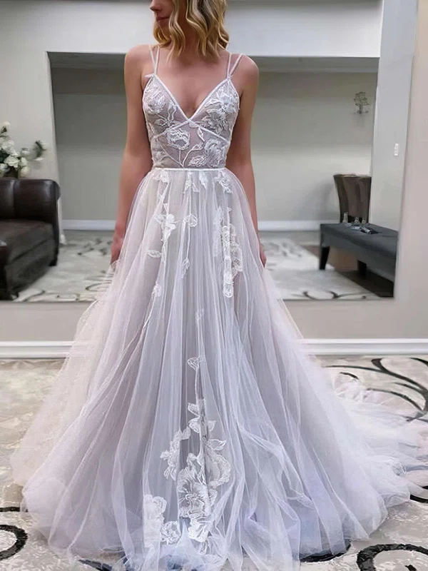 Tulle V-neck Princess Sweep Train Appliques Lace Wedding Dresses #UKM00023771