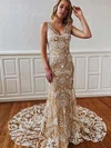Lace V-neck Trumpet/Mermaid Sweep Train Wedding Dresses #UKM00023772