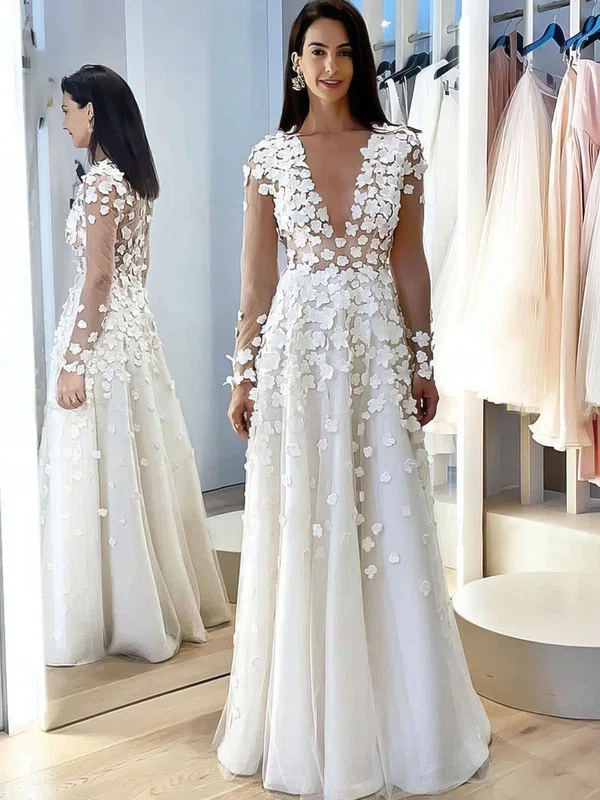 Tulle V-neck A-line Floor-length Flower(s) Wedding Dresses #UKM00023773