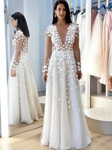 Tulle V-neck A-line Floor-length Flower(s) Wedding Dresses #UKM00023773