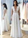 A-line V-neck Tulle Floor-length Wedding Dresses With Flower(s) #UKM00023773