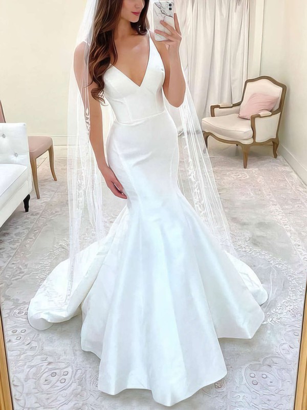 Trumpet Mermaid V neck Satin Floor length Wedding Dresses