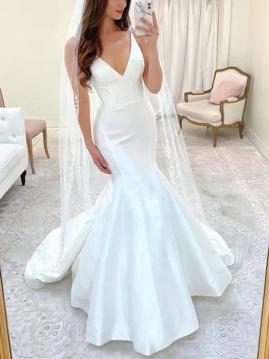 Trumpet Mermaid V neck Satin Floor length Wedding Dresses