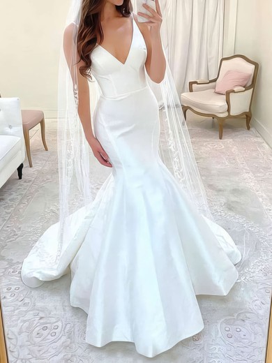 Trumpet/Mermaid V-neck Satin Floor-length Wedding Dresses #UKM00023777