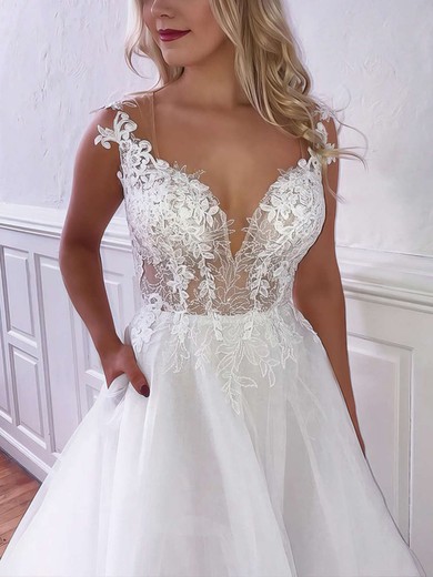 Tulle V-neck Ball Gown Court Train Appliques Lace Wedding Dresses #UKM00023778