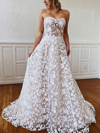 Lace Sweetheart A-line Sweep Train Wedding Dresses #UKM00023779