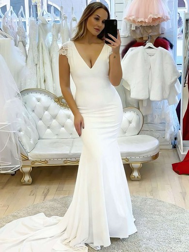 Trumpet/Mermaid V-neck Stretch Crepe Sweep Train Wedding Dresses With Appliques Lace #UKM00023781