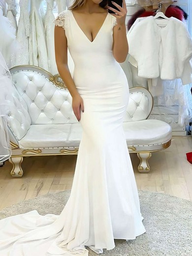 Trumpet/Mermaid V-neck Stretch Crepe Sweep Train Wedding Dresses With Appliques Lace #UKM00023781