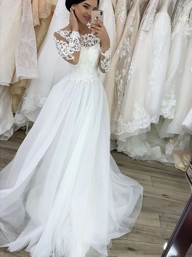 Tulle Scoop Neck Princess Sweep Train Appliques Lace Wedding Dresses #UKM00023782