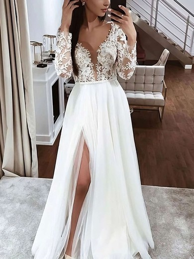 A-line V-neck Tulle Floor-length Wedding Dresses With Split Front #UKM00023783