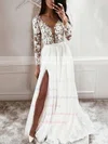 Tulle V-neck A-line Floor-length Appliques Lace Wedding Dresses #UKM00023783