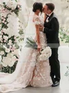Tulle V-neck A-line Sweep Train Appliques Lace Wedding Dresses #UKM00023784