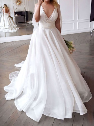 Ball Gown/Princess V-neck Organza Sweep Train Wedding Dresses With Ruffles #UKM00023785