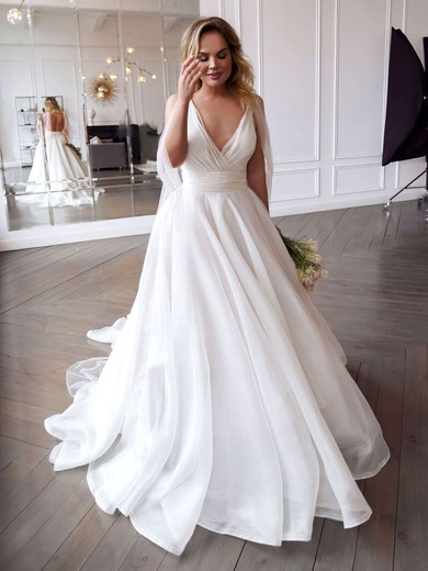 Organza V-neck Ball Gown Sweep Train Ruffles Wedding Dresses #UKM00023785