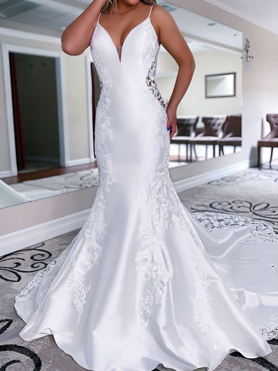 Trumpet/Mermaid V-neck Satin Court Train Wedding Dresses With Appliques Lace #UKM00023788