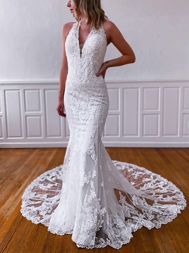 Trumpet/Mermaid V-neck Tulle Sweep Train Wedding Dresses With Appliques Lace #UKM00023789