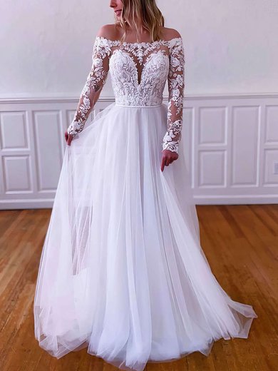 Tulle Off-the-shoulder A-line Sweep Train Appliques Lace Wedding Dresses #UKM00023790