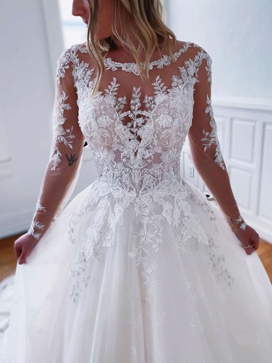 Tulle Scoop Neck Ball Gown Sweep Train Appliques Lace Wedding Dresses #UKM00023791