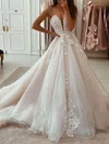 Ball Gown/Princess V-neck Tulle Court Train Appliques Lace Wedding Dresses With Appliques Lace #UKM00023792