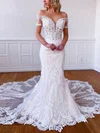 Trumpet/Mermaid Off-the-shoulder Tulle Court Train Wedding Dresses With Beading #UKM00023793