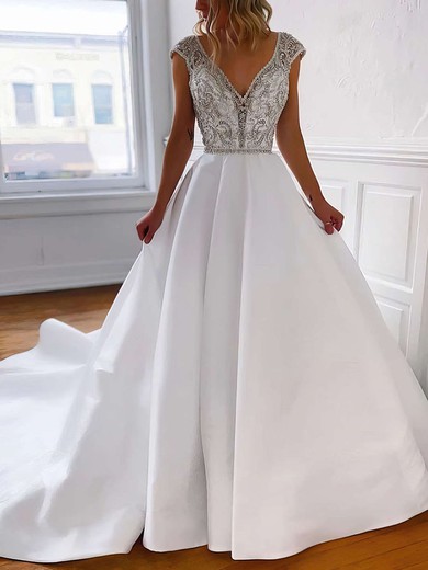 A-line V-neck Satin Court Train Wedding Dresses With Beading #UKM00023794