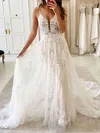 Tulle V-neck A-line Court Train Appliques Lace Wedding Dresses #UKM00023795