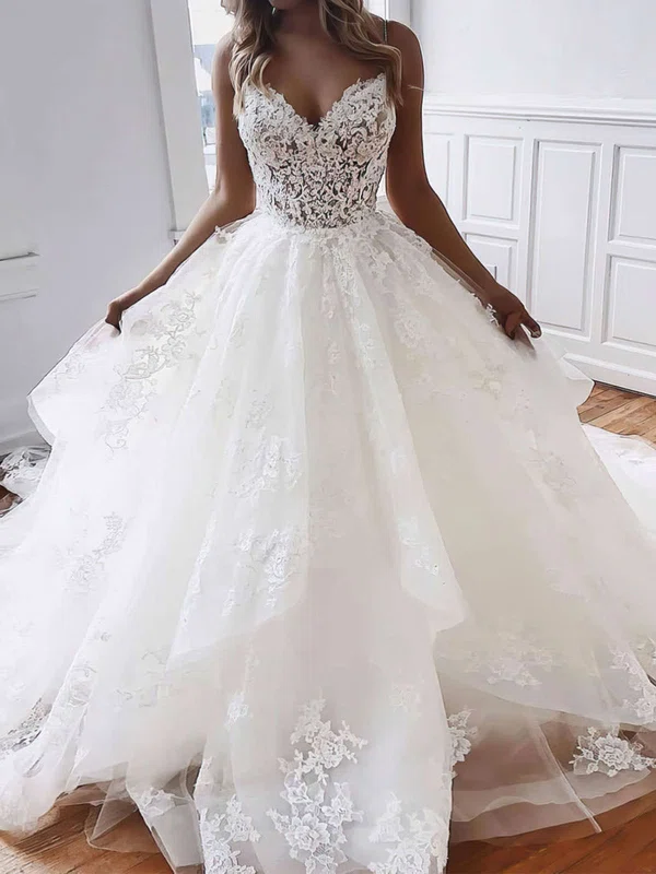 Ball Gown/Princess V-neck Tulle Court Train Wedding Dresses With Cascading Ruffles #UKM00023796