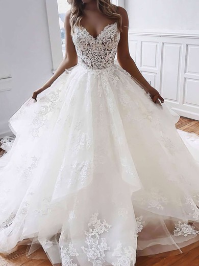 Ball Gown V-neck Tulle Court Train Wedding Dresses With Cascading Ruffles #UKM00023796