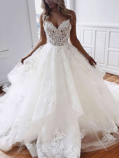 Tulle V-neck A-line Court Train Beading Wedding Dresses #UKM00023796