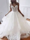 Ball Gown V-neck Tulle Court Train Wedding Dresses With Cascading Ruffles #UKM00023796