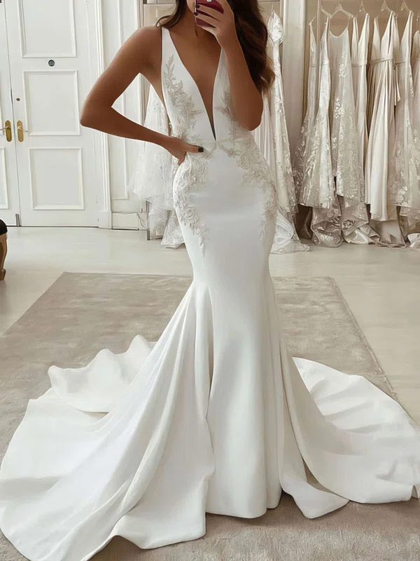 Stretch Crepe V-neck Trumpet/Mermaid Court Train Beading Wedding Dresses #UKM00023797