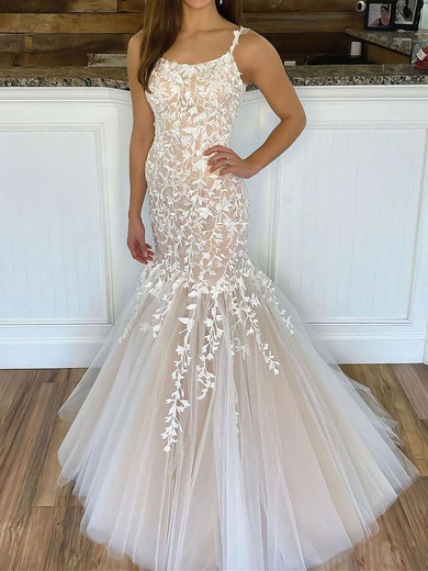 Trumpet/Mermaid scoop Neck Tulle Sweep Train Wedding Dresses With Appliques Lace #UKM00023798