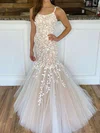 Trumpet/Mermaid scoop Neck Tulle Sweep Train Wedding Dresses With Appliques Lace #UKM00023798