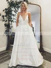 Satin V-neck A-line Sweep Train Pockets Wedding Dresses #UKM00023801