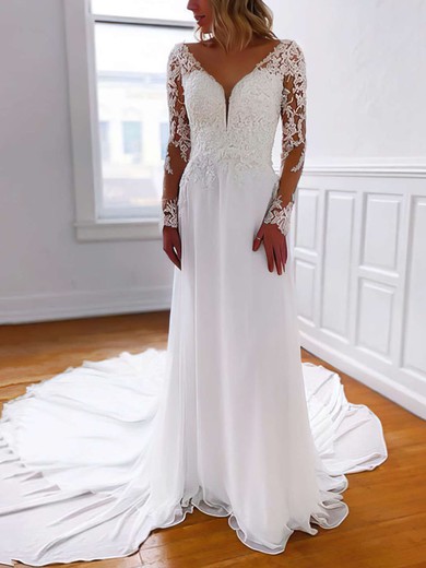 Tulle V-neck A-line Court Train Beading Wedding Dresses #UKM00023802