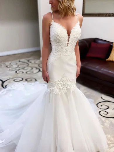 Trumpet/Mermaid V-neck Tulle Chapel Train Wedding Dresses With Beading #UKM00023804